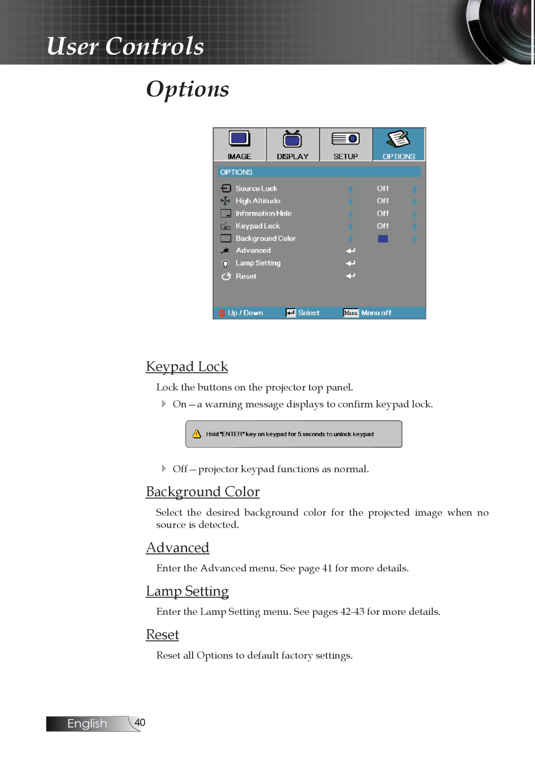 Optoma Technology TW1692 manual Keypad Lock, Background Color, Lamp Setting 