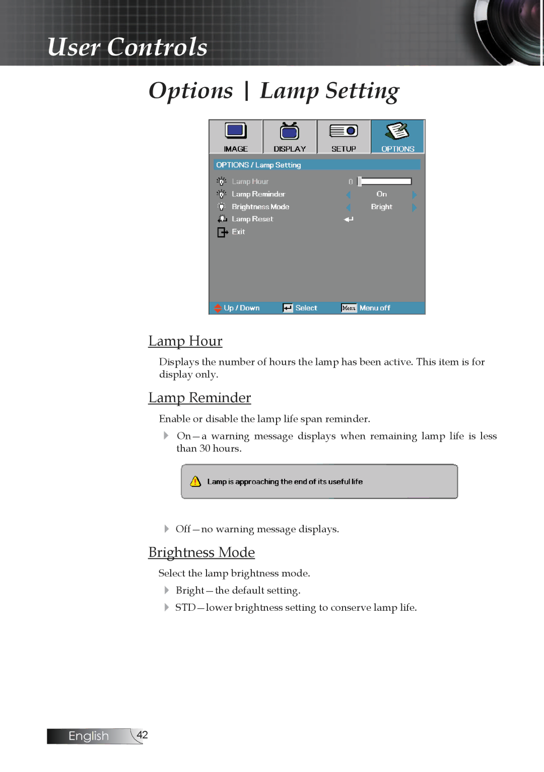 Optoma Technology TW1692 manual Options Lamp Setting, Lamp Hour, Lamp Reminder, Brightness Mode 