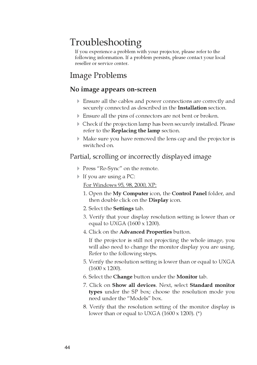 Optoma Technology TW1692 manual Troubleshooting, Image Problems, Partial, scrolling or incorrectly displayed image 