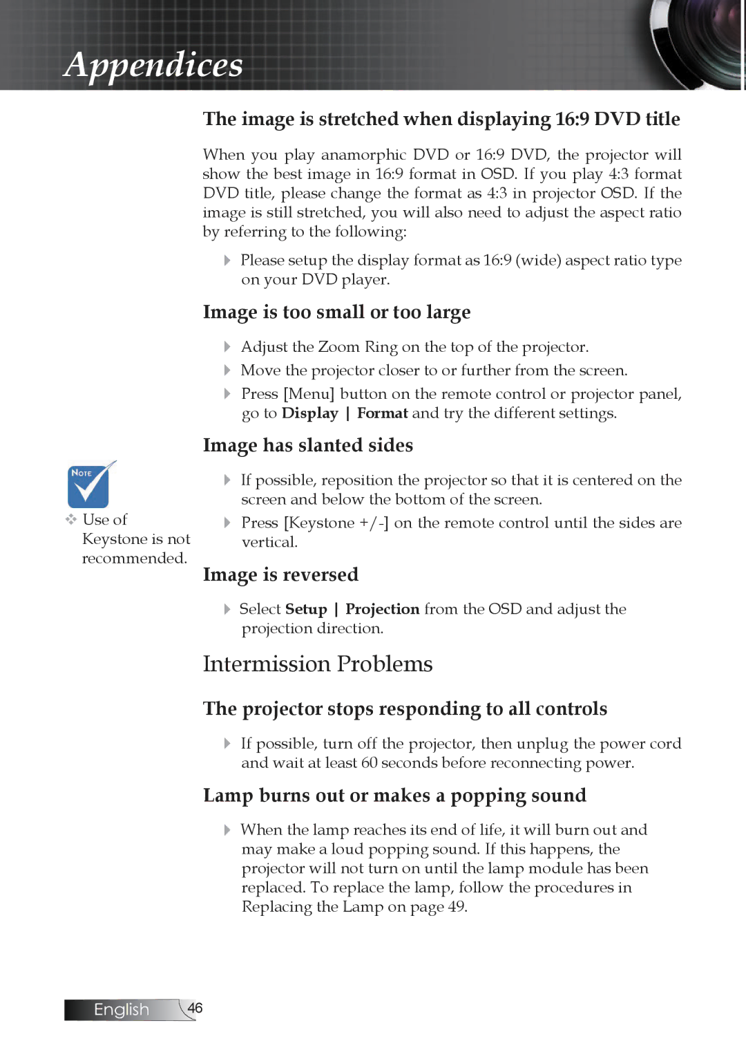 Optoma Technology TW1692 manual Intermission Problems, Image is stretched when displaying 169 DVD title 