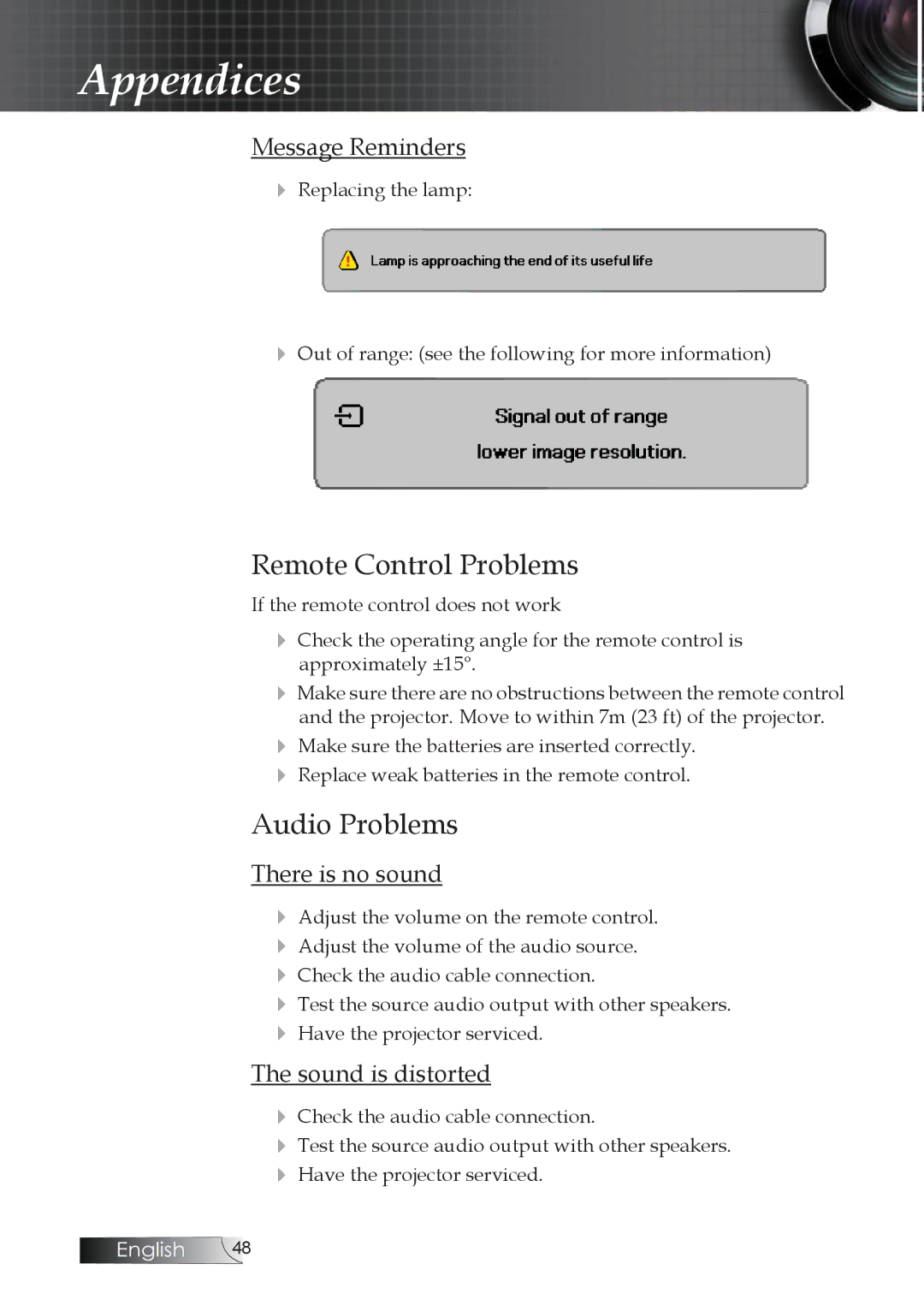 Optoma Technology TW1692 Remote Control Problems, Audio Problems, Message Reminders, There is no sound, Sound is distorted 