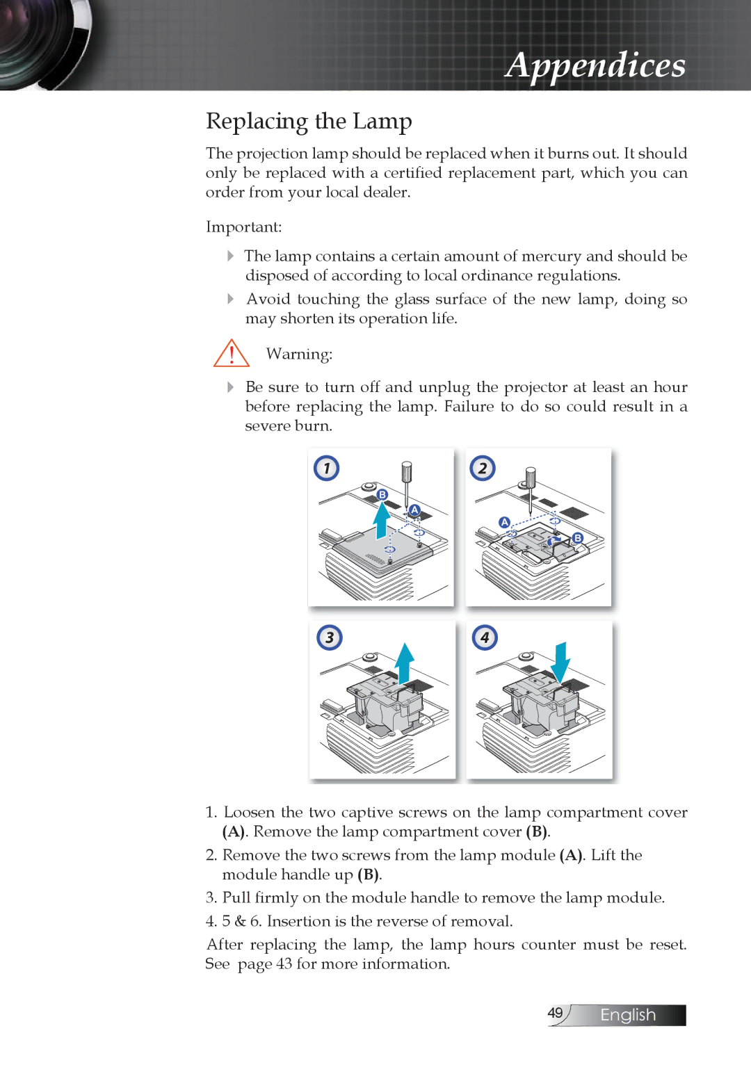 Optoma Technology TW1692 manual Replacing the Lamp 