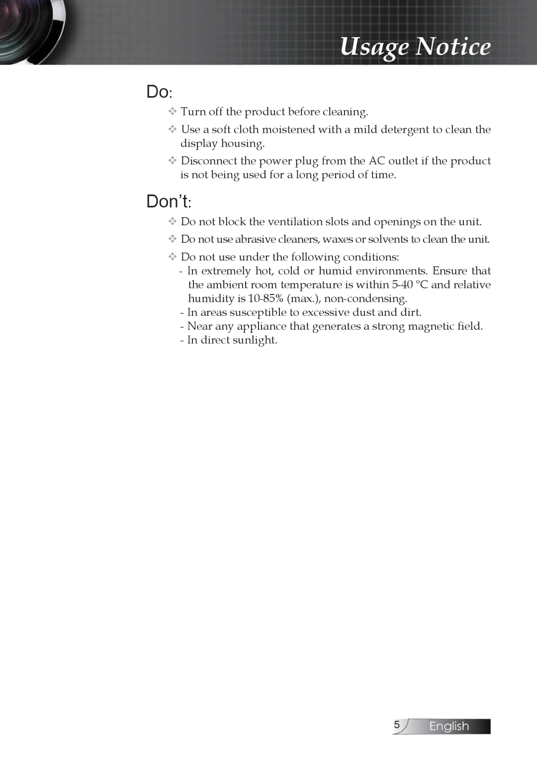 Optoma Technology TW1692 manual Don’t 