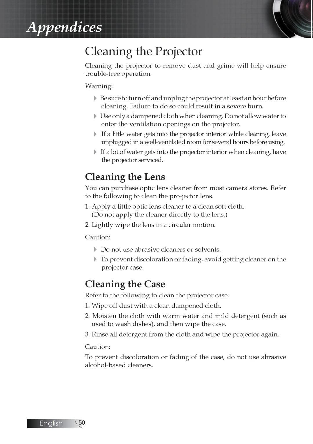 Optoma Technology TW1692 manual Cleaning the Projector, Cleaning the Lens 