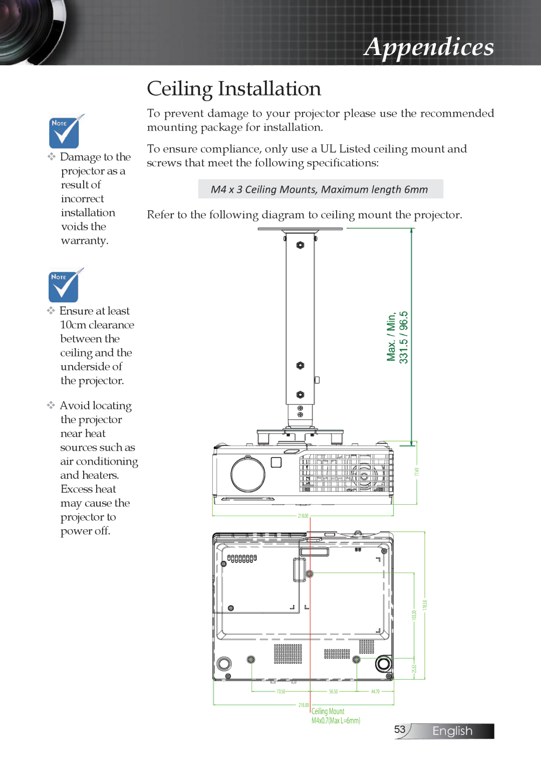 Optoma Technology TW1692 manual Ceiling Installation, M4 x 3 Ceiling Mounts, Maximum length 6mm 