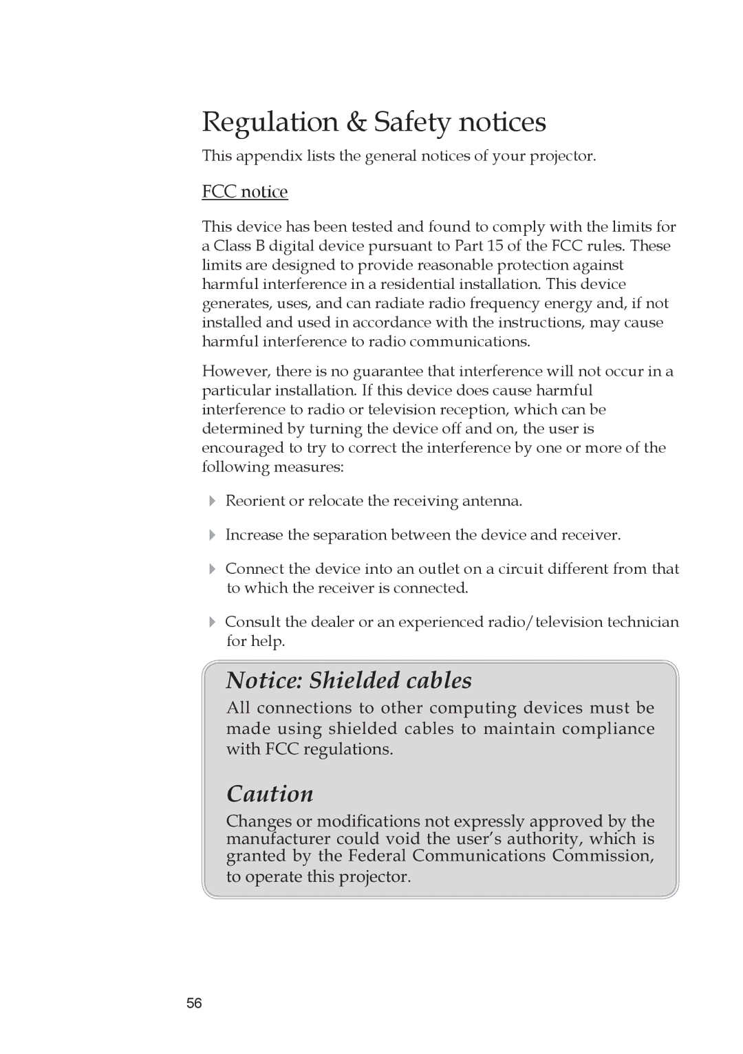 Optoma Technology TW1692 manual Regulation & Safety notices, FCC notice 