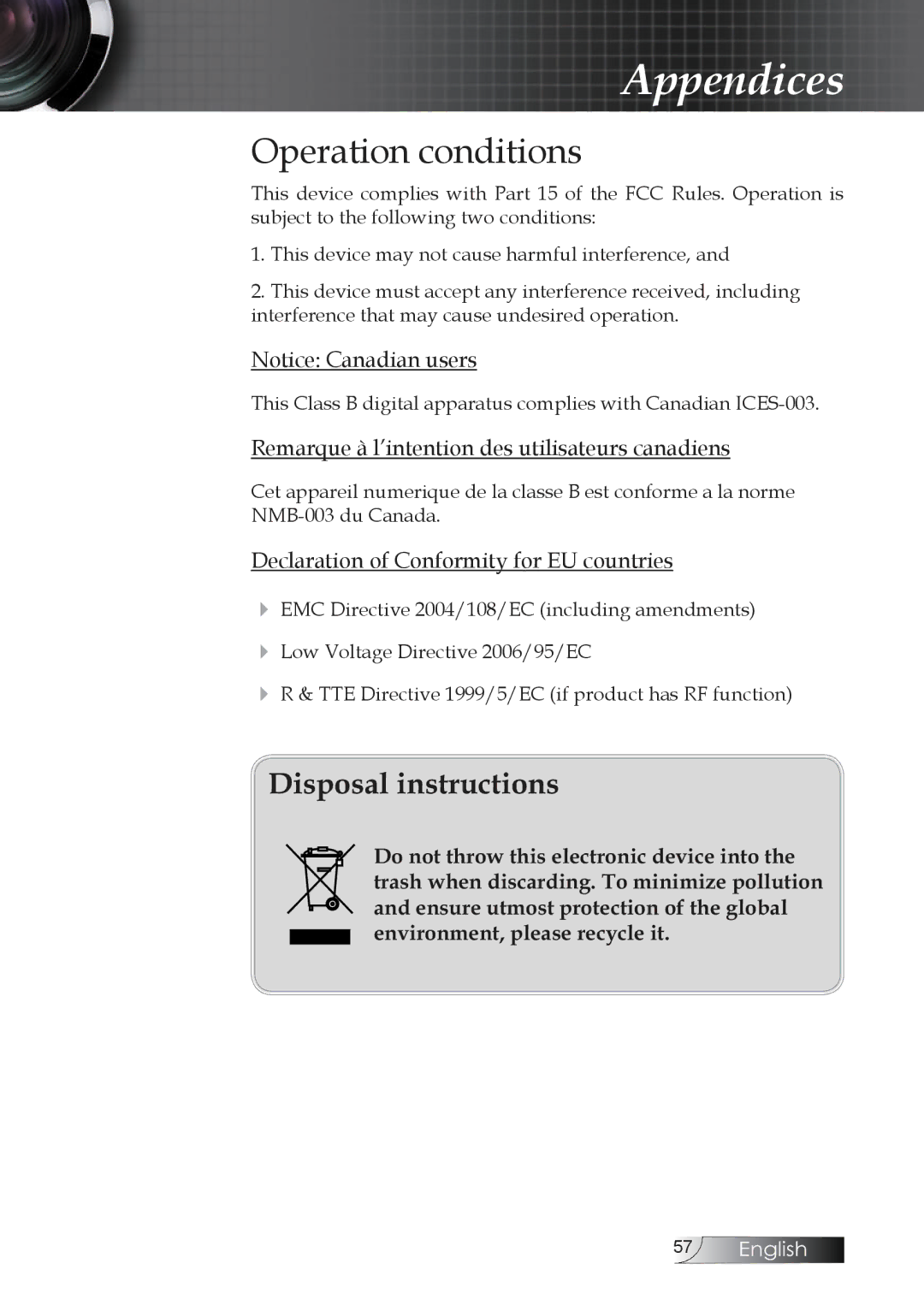 Optoma Technology TW1692 manual Operation conditions, Declaration of Conformity for EU countries 