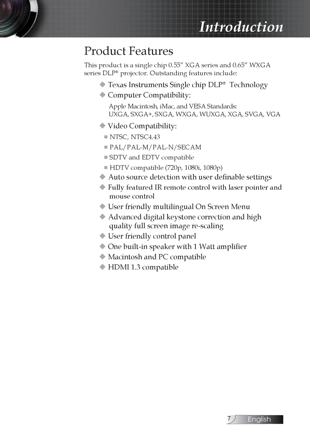 Optoma Technology TW1692 manual Introduction, Product Features 