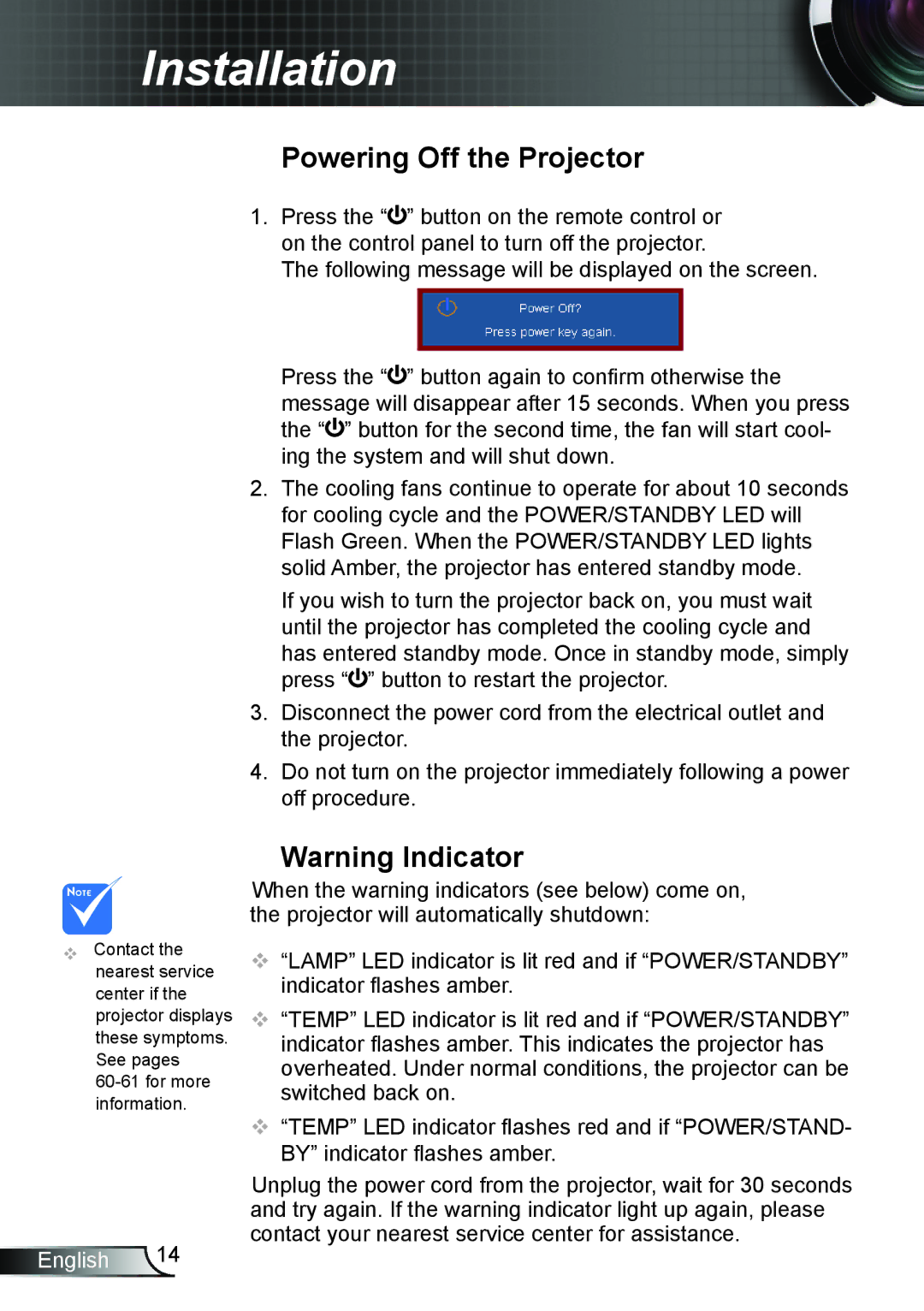 Optoma Technology DW339, TW5563D, DX339, DS339 manual Powering off the projector 