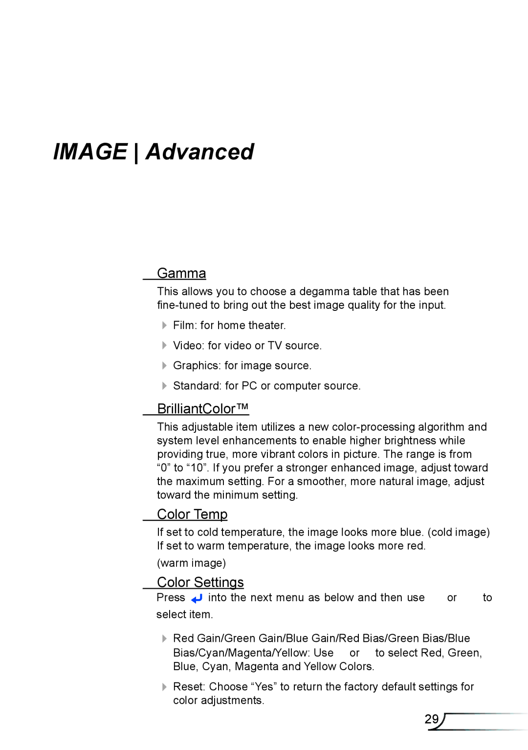 Optoma Technology DX339, TW5563D, DW339, DS339 manual Gamma, BrilliantColor, Color Temp, Color Settings 