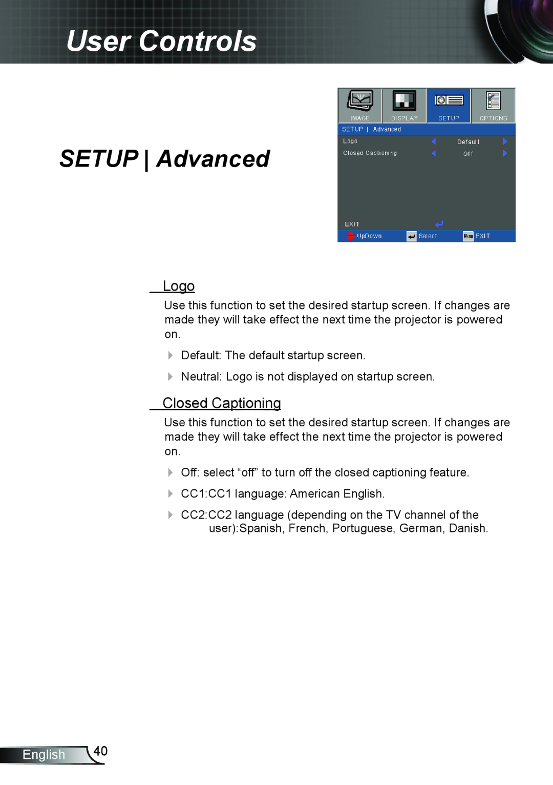 Optoma Technology TW5563D, DX339, DW339, DS339 manual Logo, Closed Captioning 