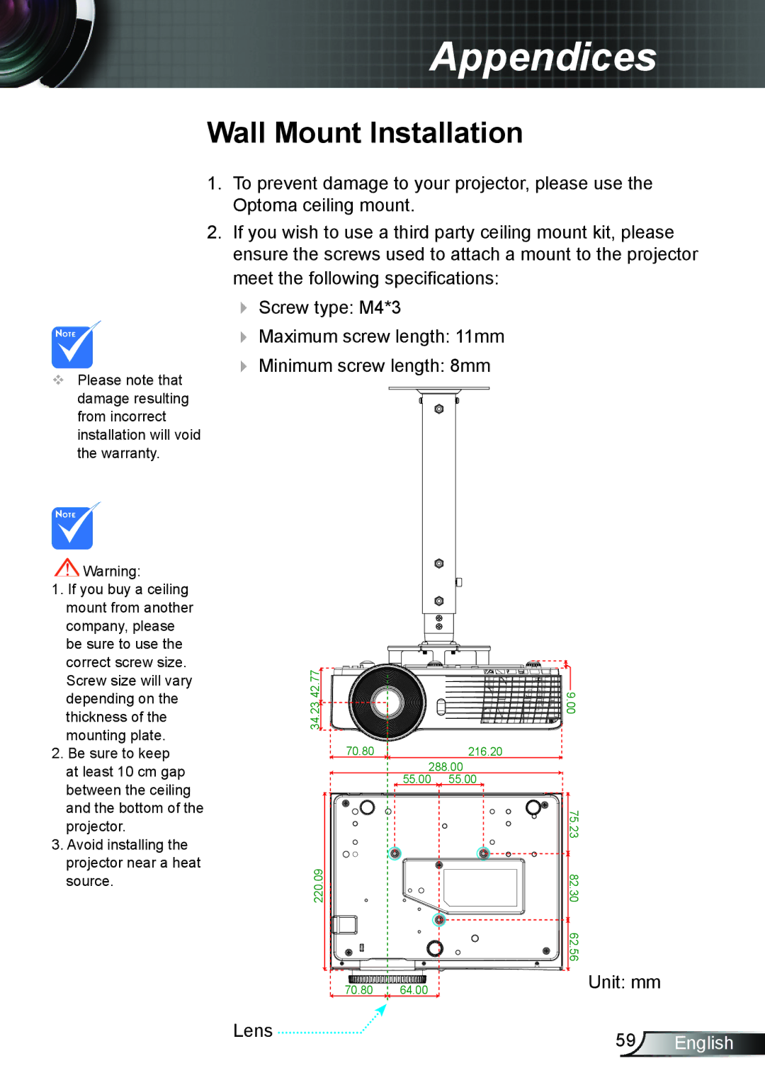 Optoma Technology DS339, TW5563D, DX339, DW339 manual Wall Mount Installation, Lens 