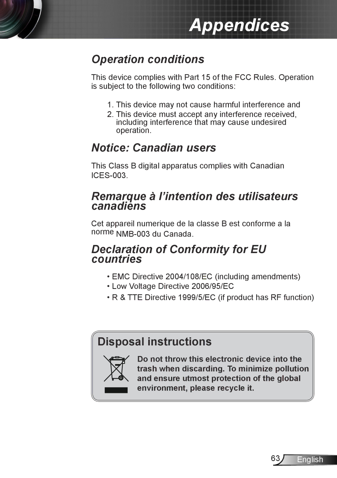 Optoma Technology DS339, TW5563D, DX339, DW339 manual Remarque à l’intention des utilisateurs canadiens 