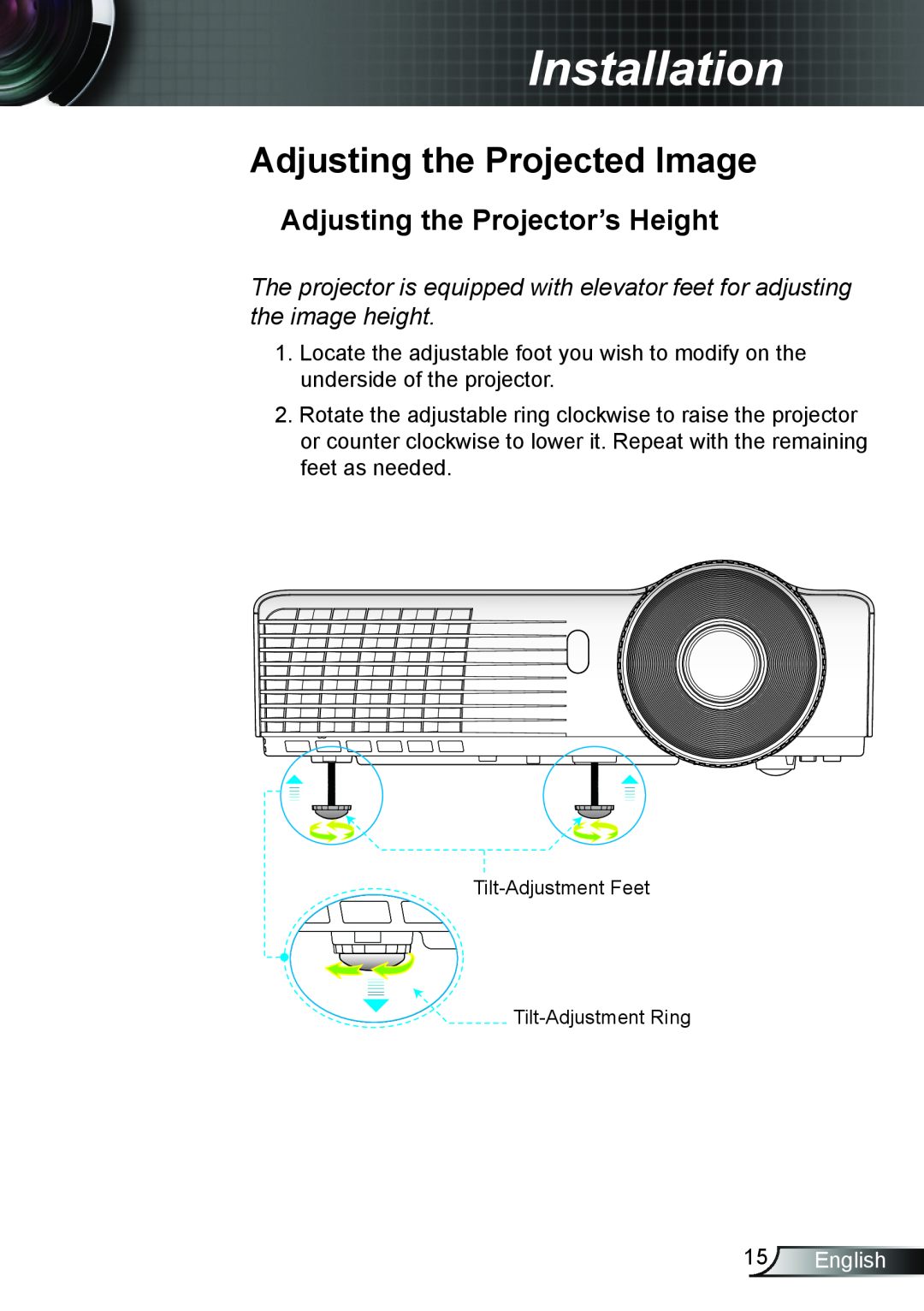 Optoma Technology DS339, TW5563D Adjusting the Projected Image, Adjusting the Projector’s Height, English, Installation 