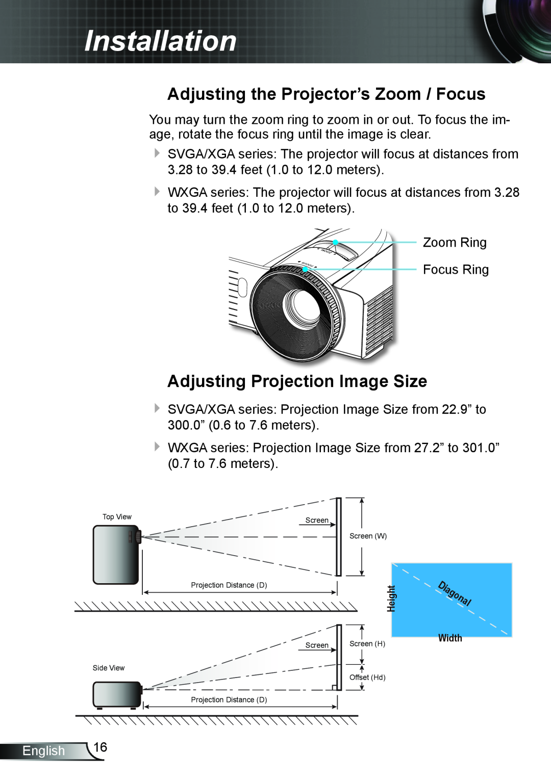 Optoma Technology TW5563D Adjusting the Projector’s Zoom / Focus, Adjusting Projection Image Size, Installation, English 