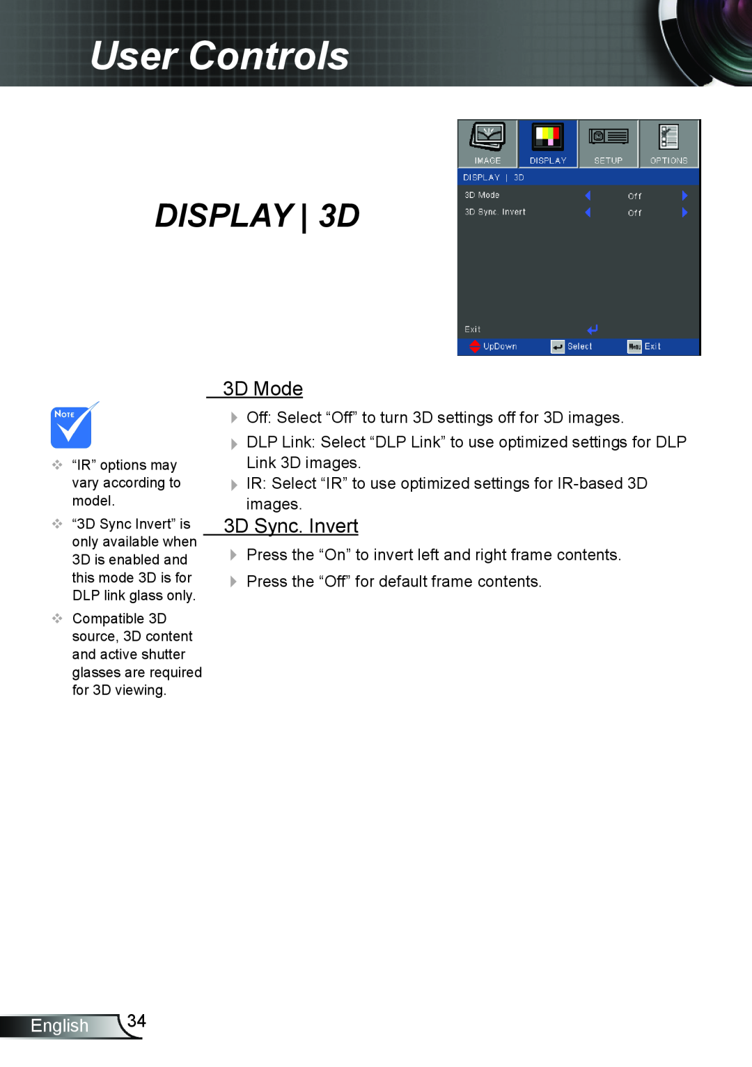 Optoma Technology DW339, TW5563D, DX339, DS339 manual DISPLAY 3D, 3D Mode, 3D Sync. Invert, User Controls, English 