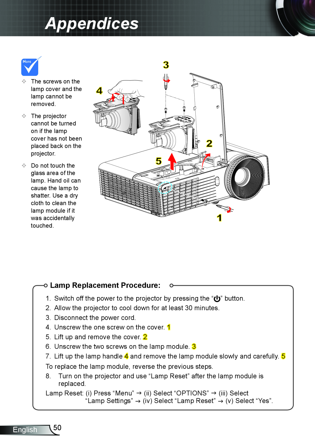 Optoma Technology DW339, TW5563D, DX339, DS339 manual Lamp Replacement Procedure, Appendices, English 