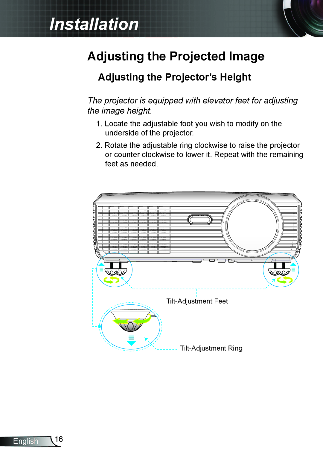 Optoma Technology TW610STRFBA, TW610STI manual Adjusting the Projected Image, Adjusting the Projector’s Height 