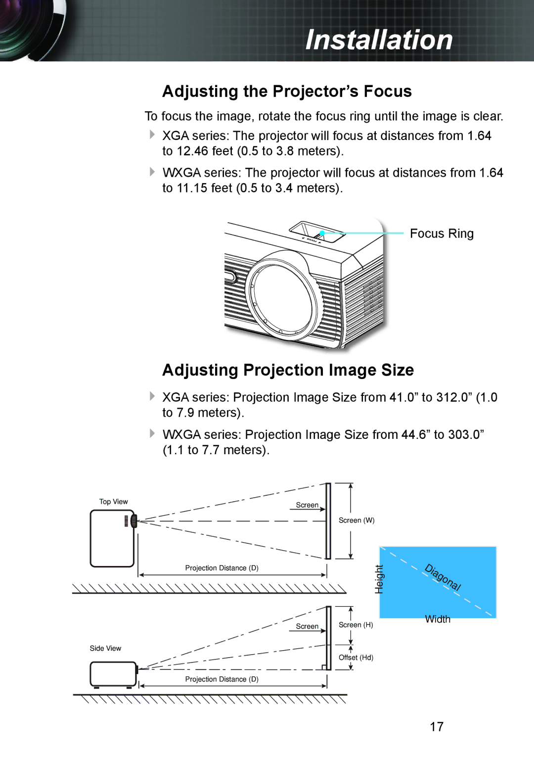 Optoma Technology TW610STI, TW610STRFBA manual Adjusting the Projector’s Focus, Adjusting Projection Image Size 