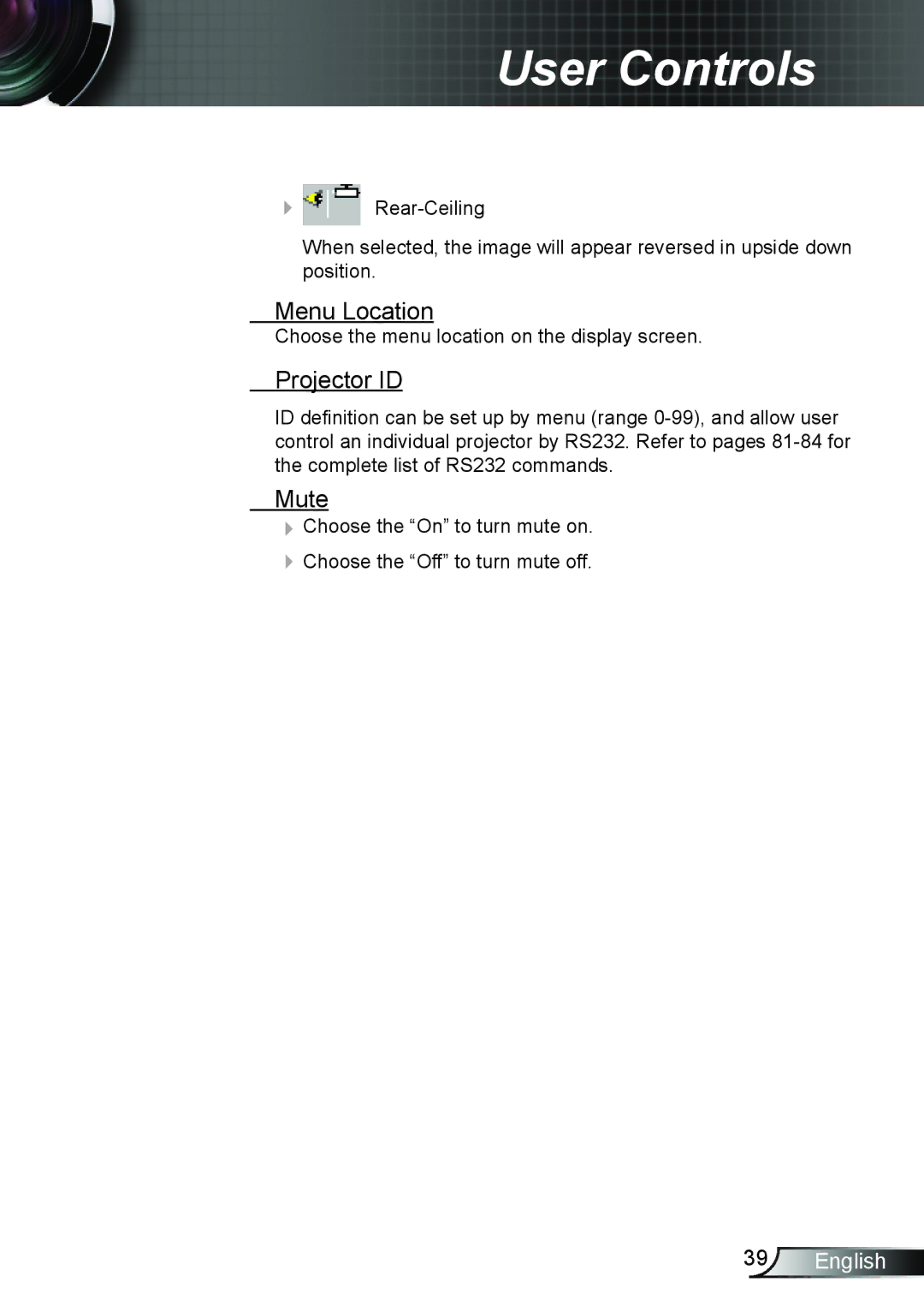 Optoma Technology TW610STRFBA, TW610STI manual Menu Location, Projector ID, Mute 