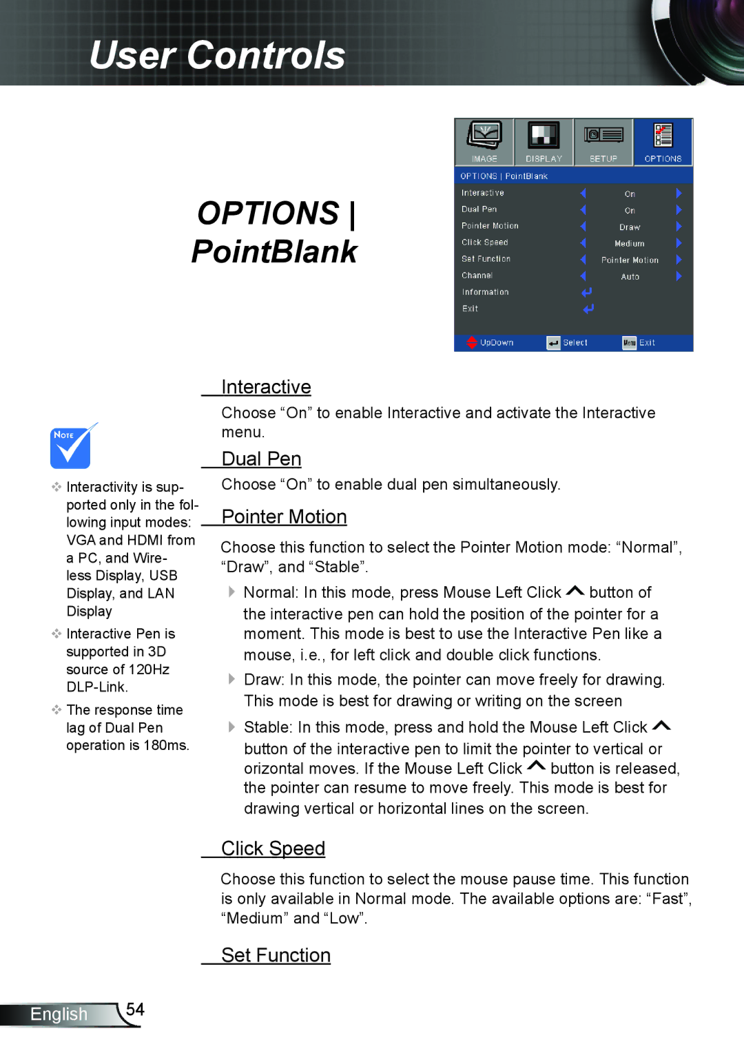 Optoma Technology TW610STRFBA, TW610STI manual Interactive, Dual Pen, Pointer Motion, Click Speed, Set Function 