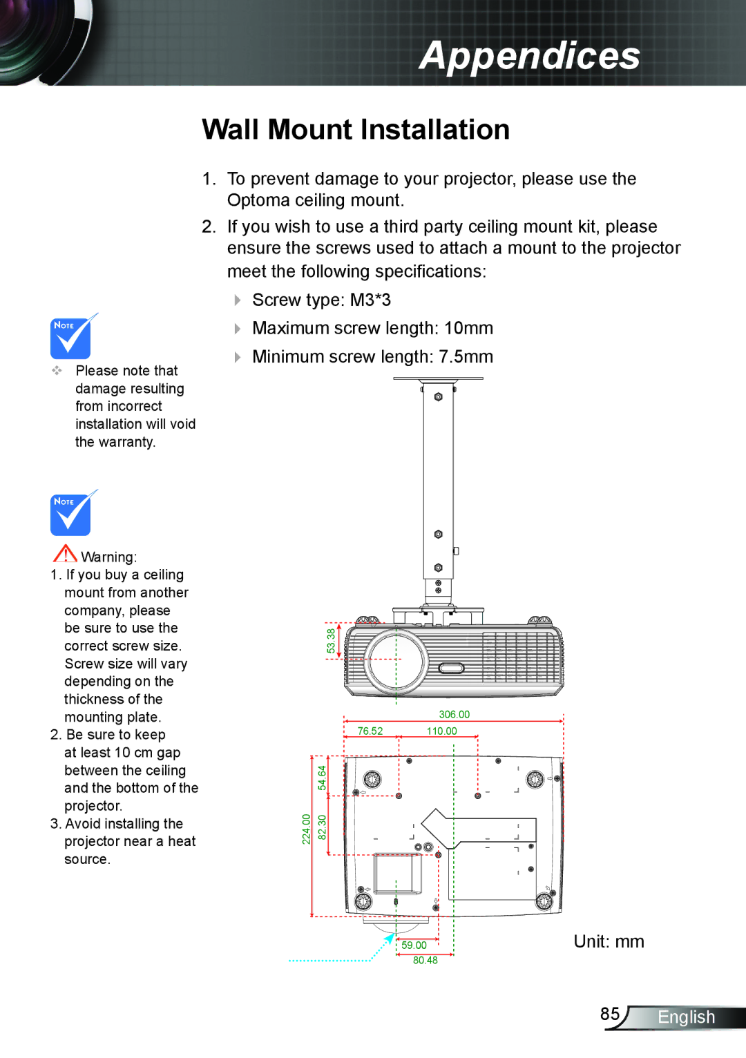 Optoma Technology TW610STRFBA, TW610STI manual Wall Mount Installation 