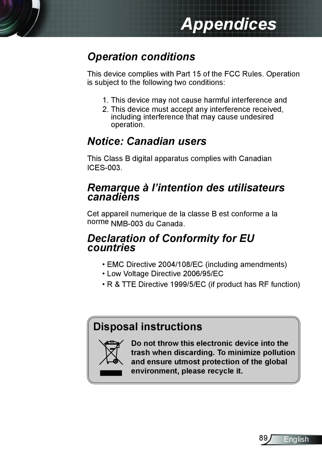 Optoma Technology TW610STI, TW610STRFBA manual Remarque à l’intention des utilisateurs canadiens 