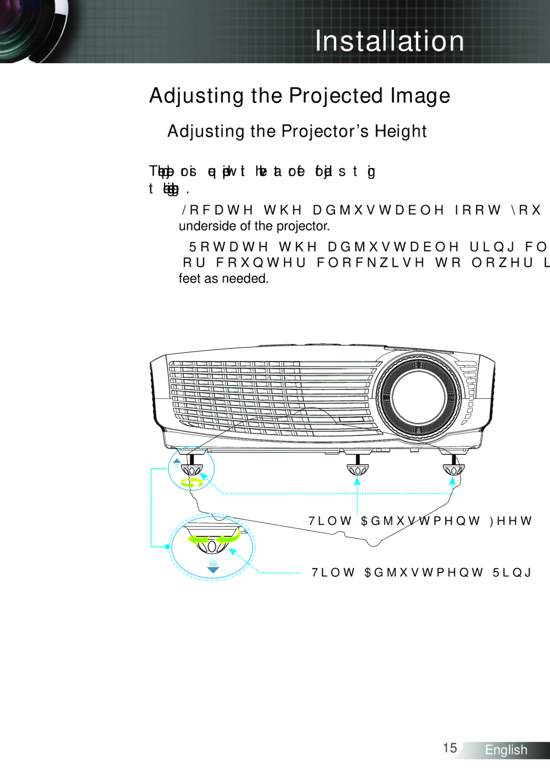 Optoma Technology TW6153D, TW615GOV manual Adjusting the Projected Image, Adjusting the Projector’s Height 