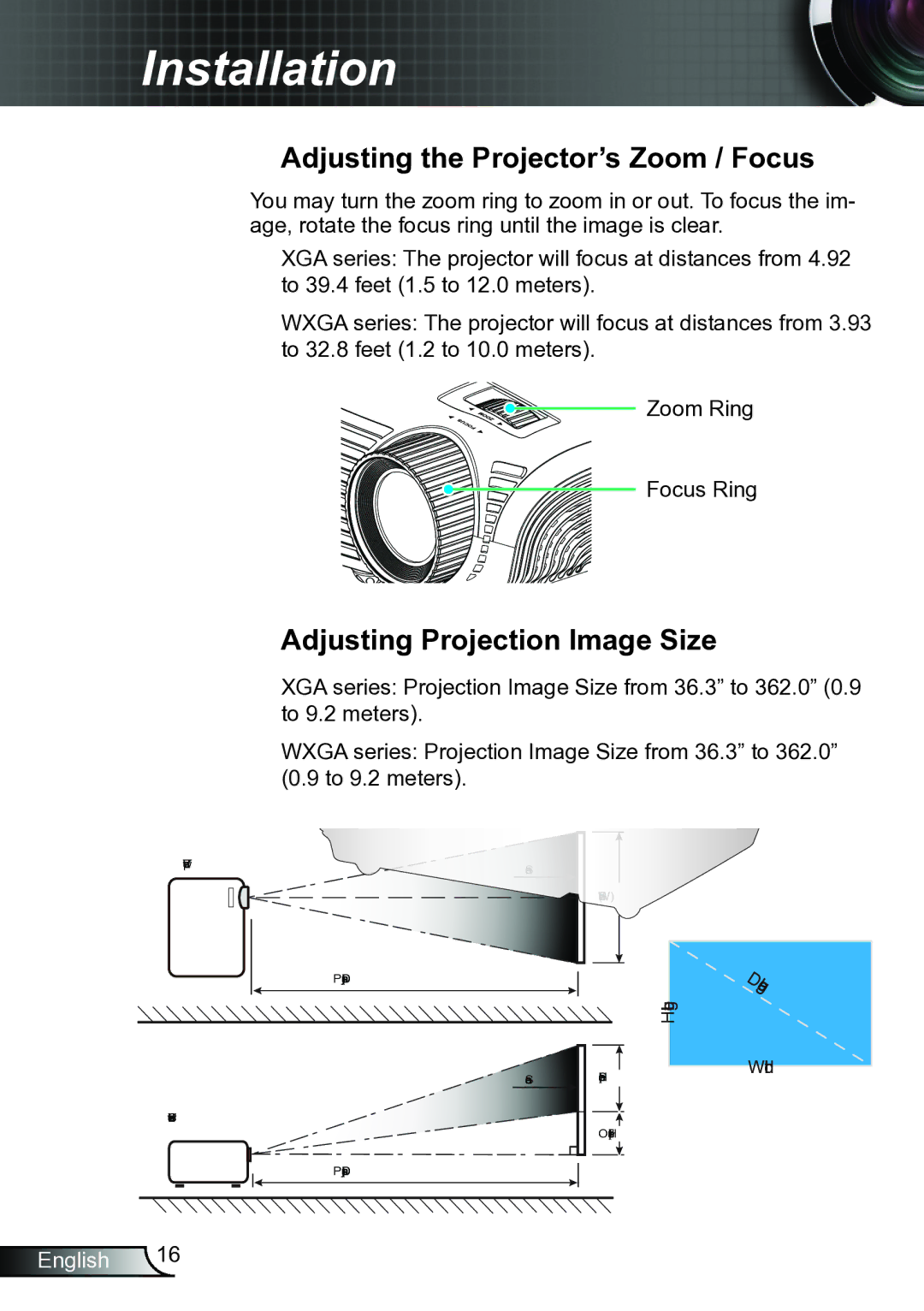 Optoma Technology TW615GOV, TW6153D manual Adjusting the Projector’s Zoom / Focus, Adjusting Projection Image Size 