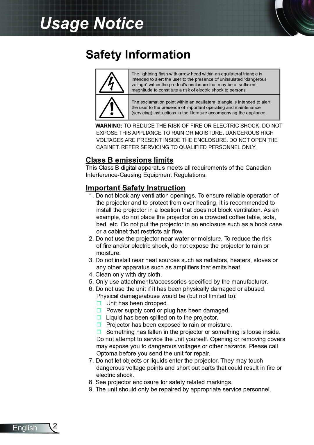 Optoma Technology TW615GOV, TW6153D manual Usage Notice, Safety Information 