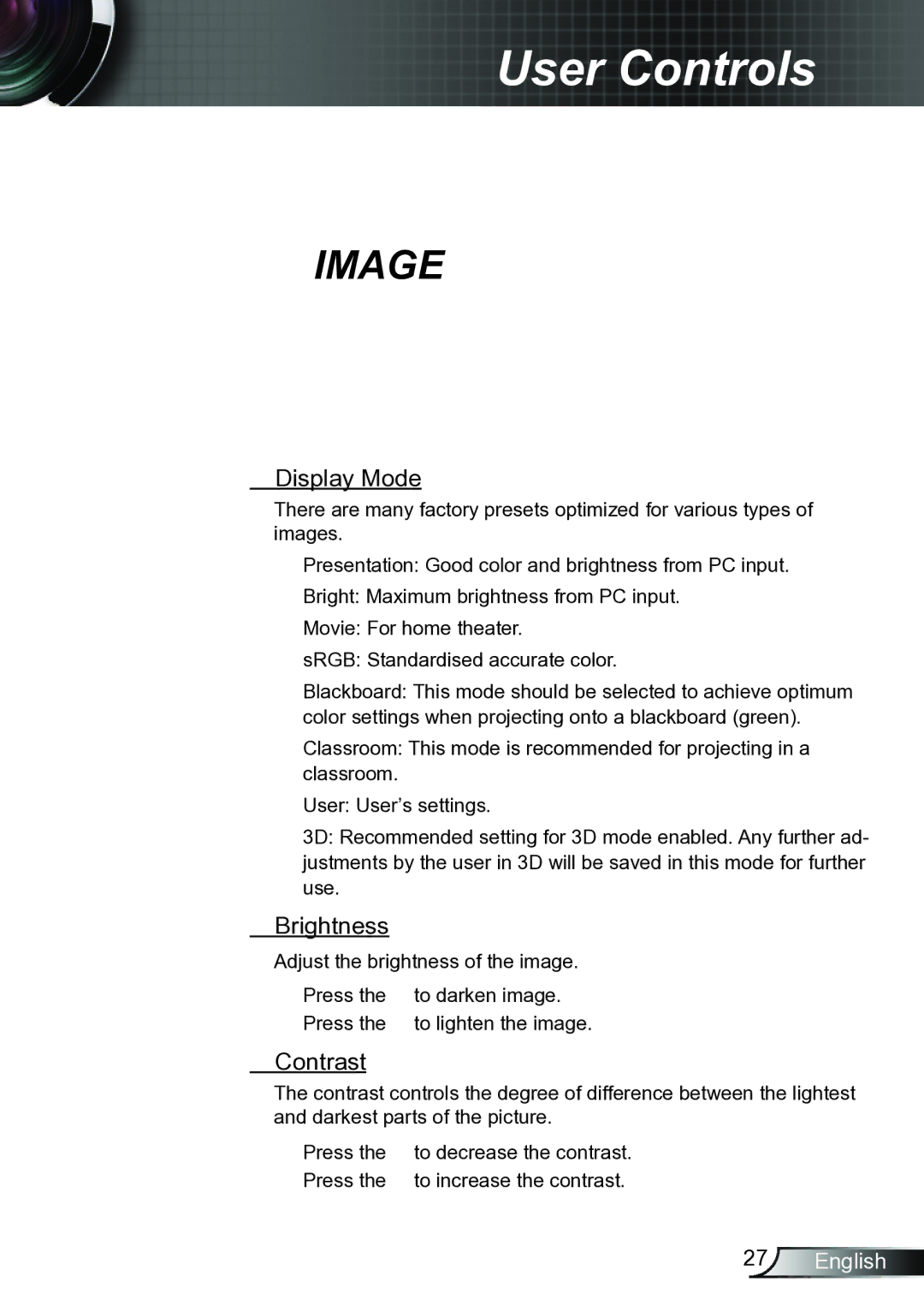 Optoma Technology TW6153D, TW615GOV manual Display Mode, Brightness, Contrast 