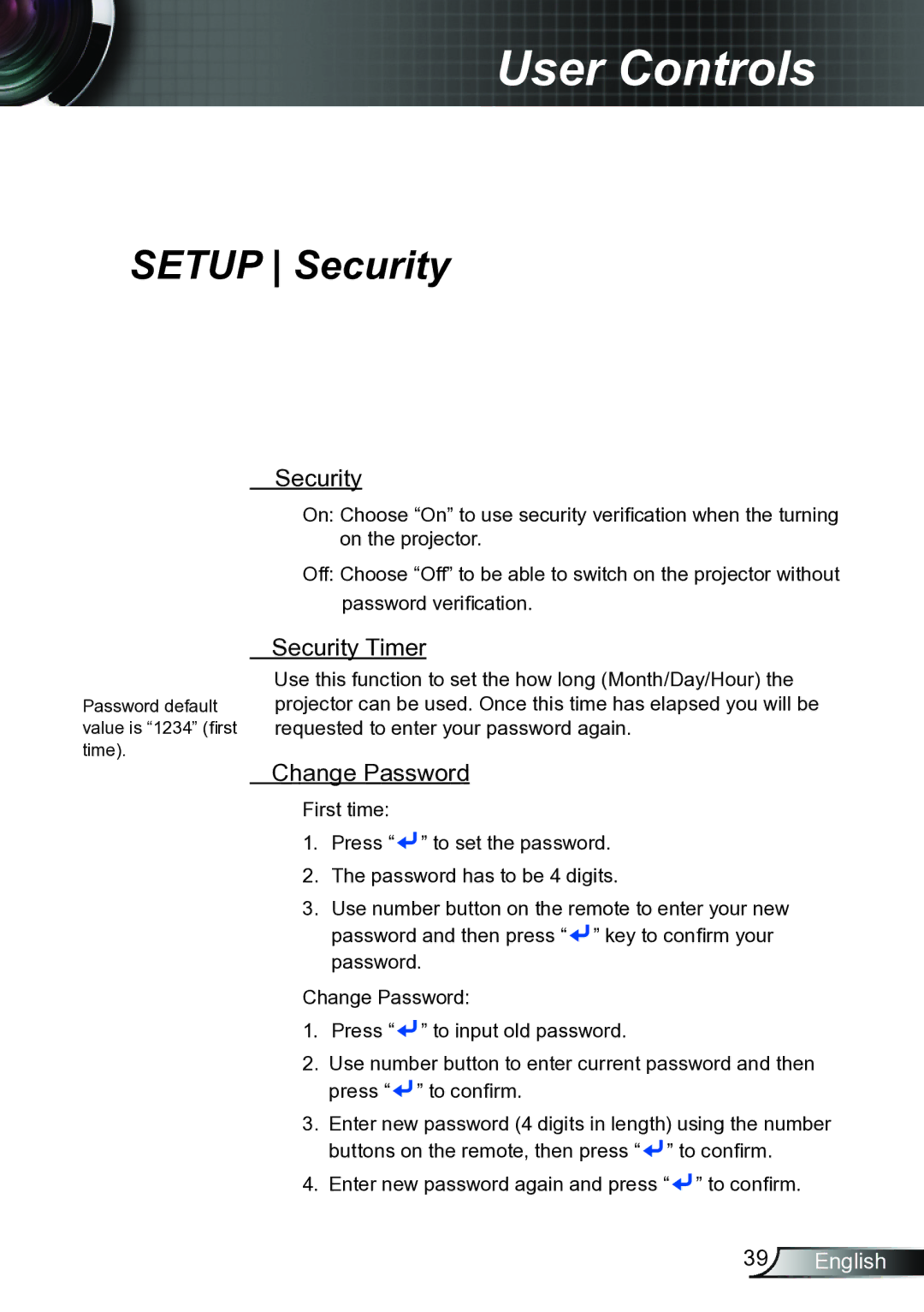 Optoma Technology TW6153D, TW615GOV manual Security Timer, Change Password 