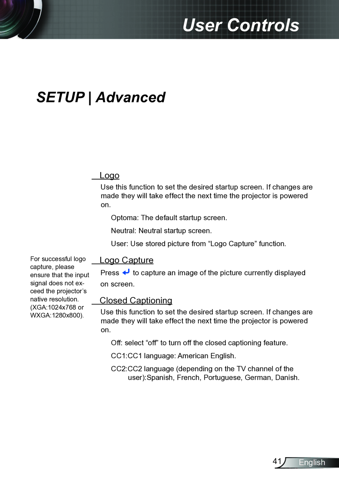 Optoma Technology TW6153D, TW615GOV manual Logo Capture, Closed Captioning 