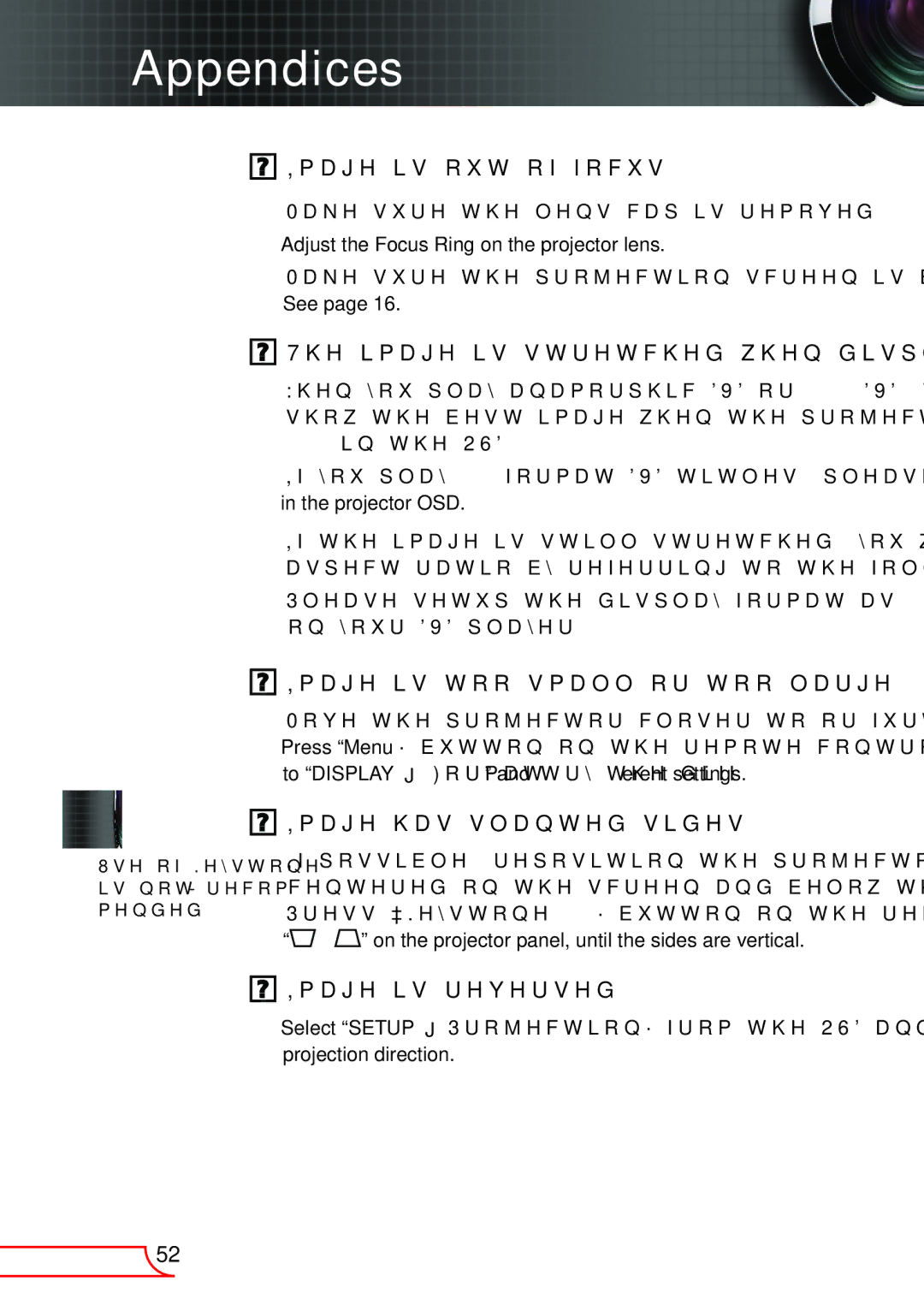 Optoma Technology TW615GOV, TW6153D manual Image is reversed 