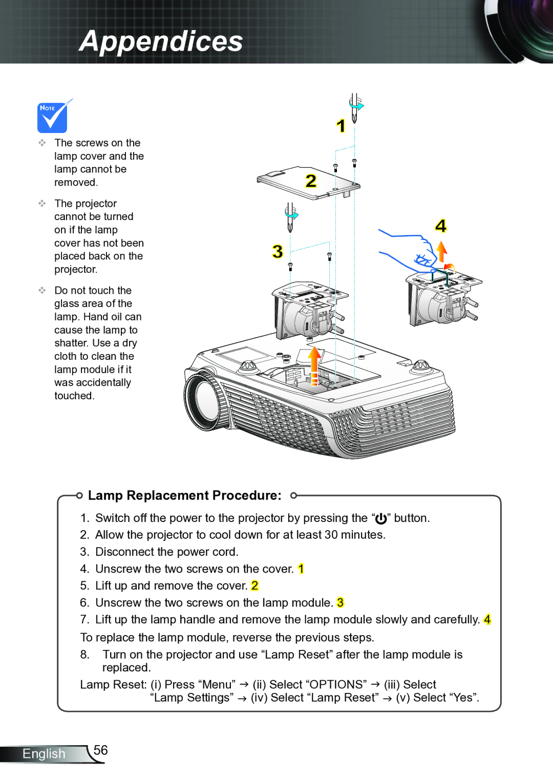 Optoma Technology TW615GOV, TW6153D manual Lamp Replacement Procedure 