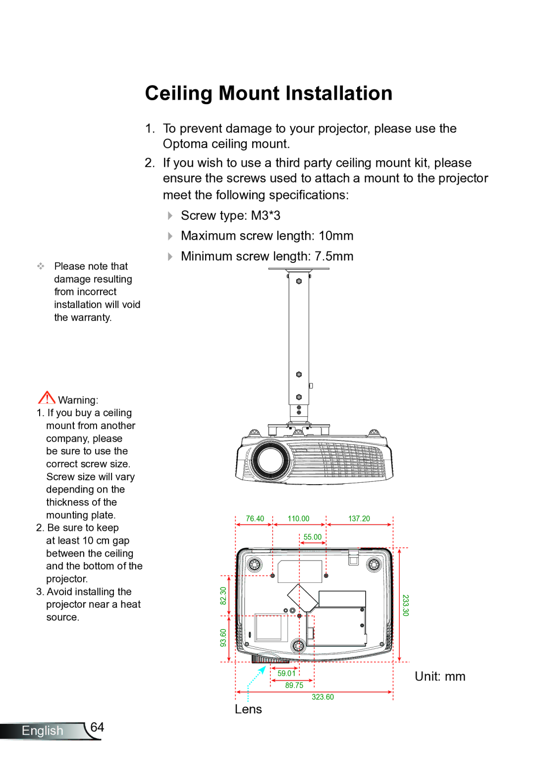 Optoma Technology TW615GOV, TW6153D manual Ceiling Mount Installation 