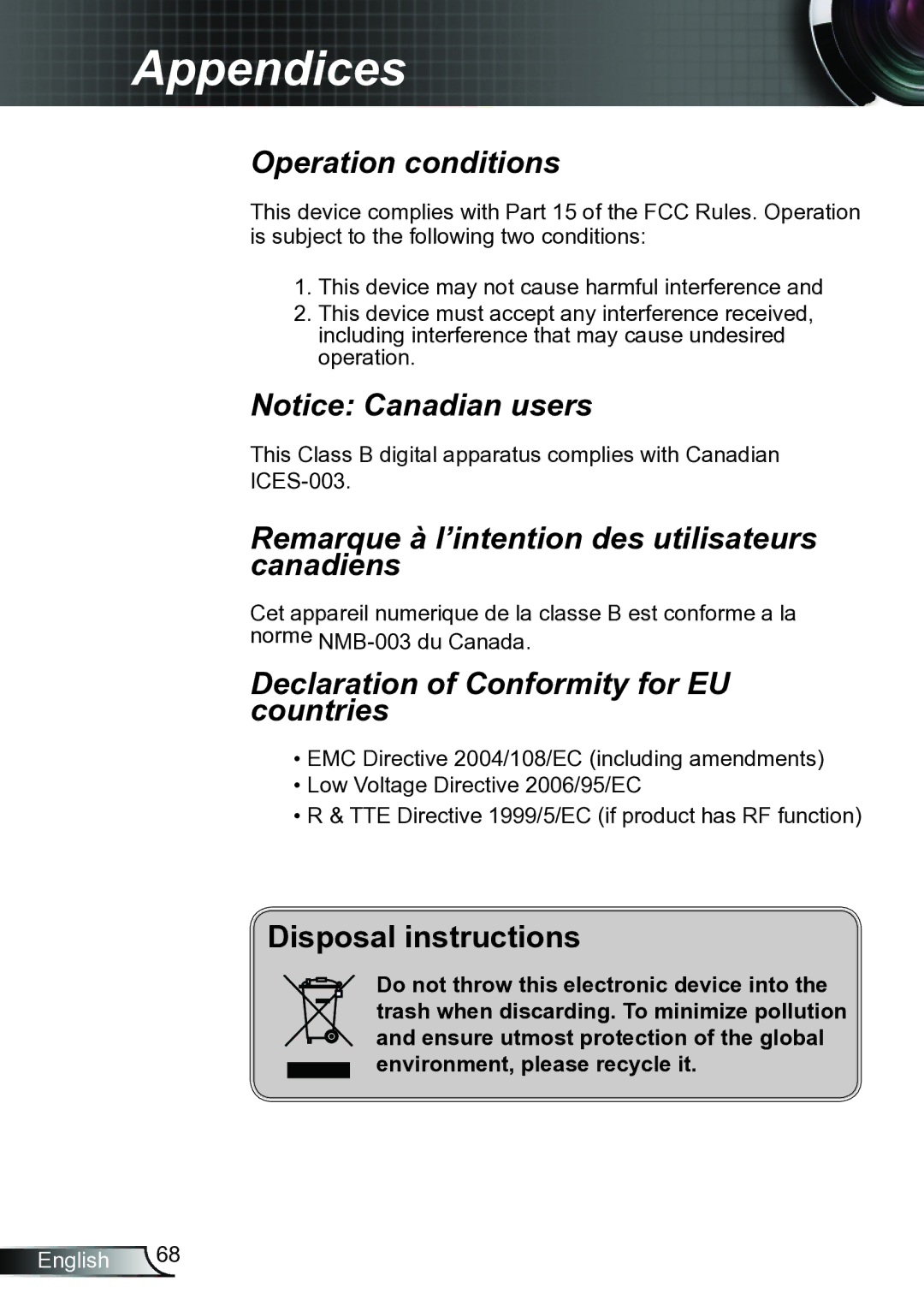 Optoma Technology TW615GOV, TW6153D manual Remarque à l’intention des utilisateurs canadiens 