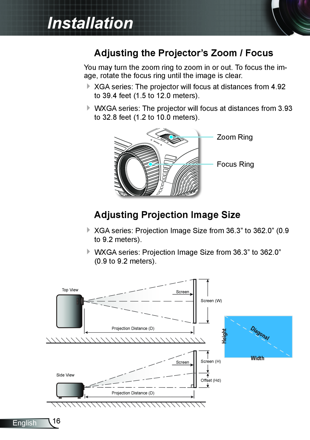 Optoma Technology TW615GOV Adjusting the Projector’s Zoom / Focus, Adjusting Projection Image Size, Installation, English 
