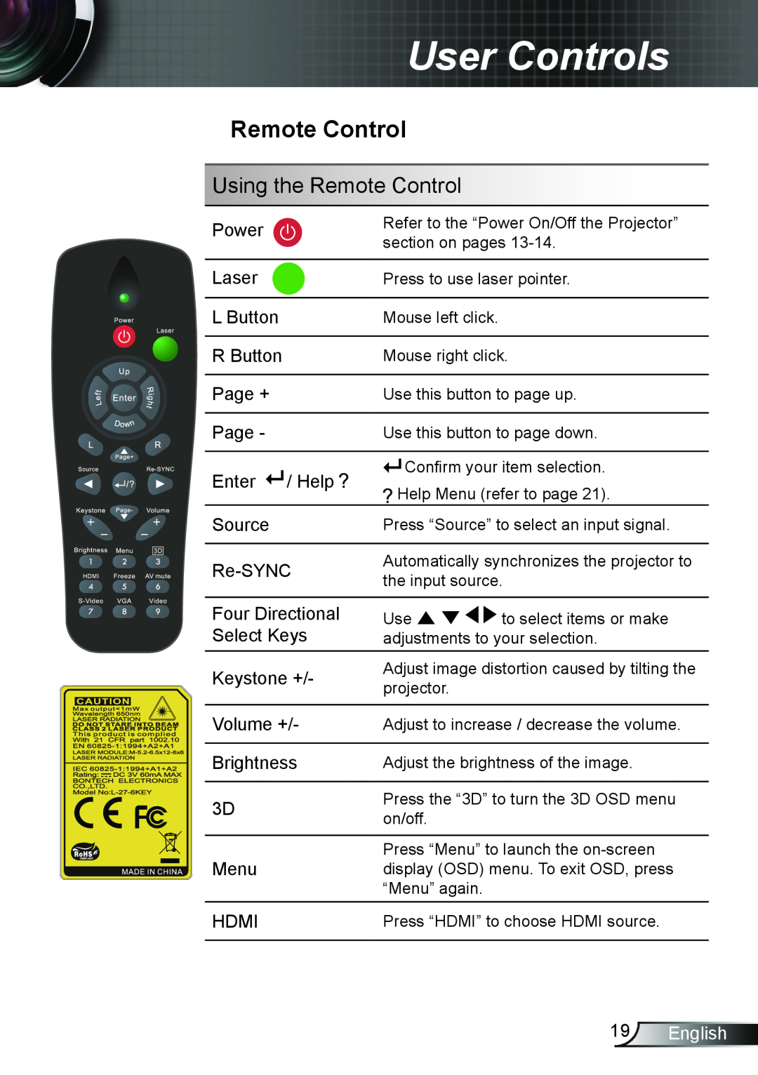 Optoma Technology TW6153D, TW615GOV manual Using the Remote Control, English, User Controls 