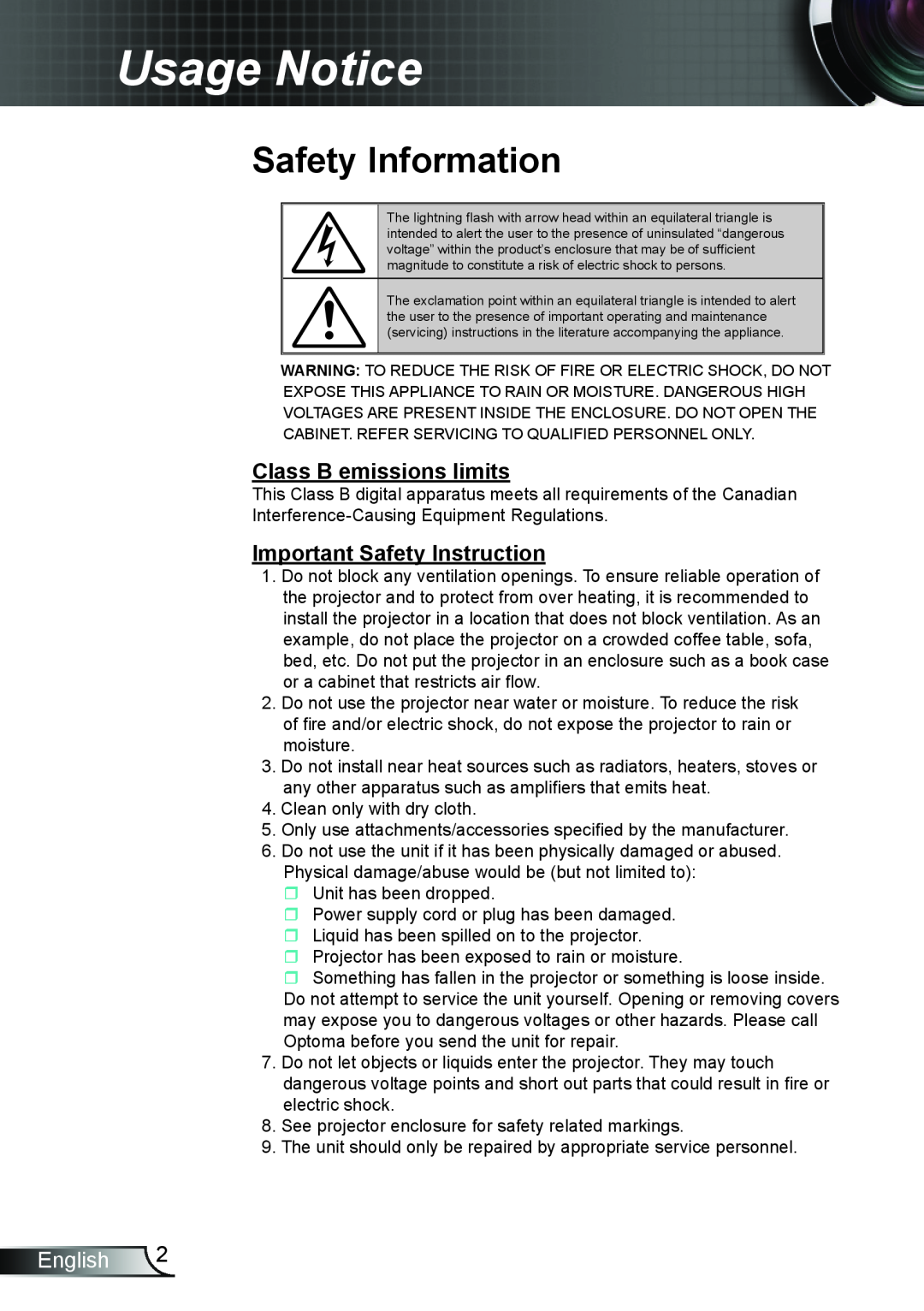 Optoma Technology TW615GOV manual Usage Notice, Safety Information, Class B emissions limits, Important Safety Instruction 