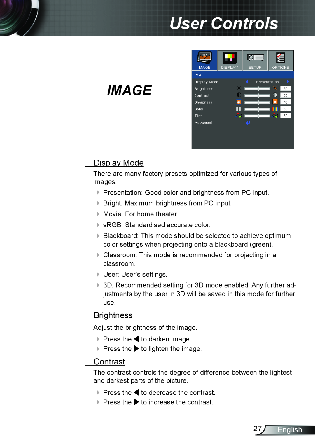 Optoma Technology TW6153D, TW615GOV manual Image, Display Mode, Brightness, Contrast, English, User Controls 