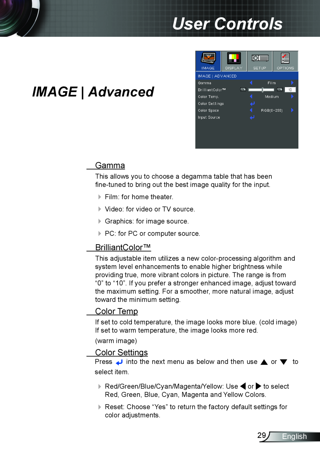Optoma Technology TW6153D manual IMAGE Advanced, Gamma, BrilliantColor, Color Temp, Color Settings, English, User Controls 