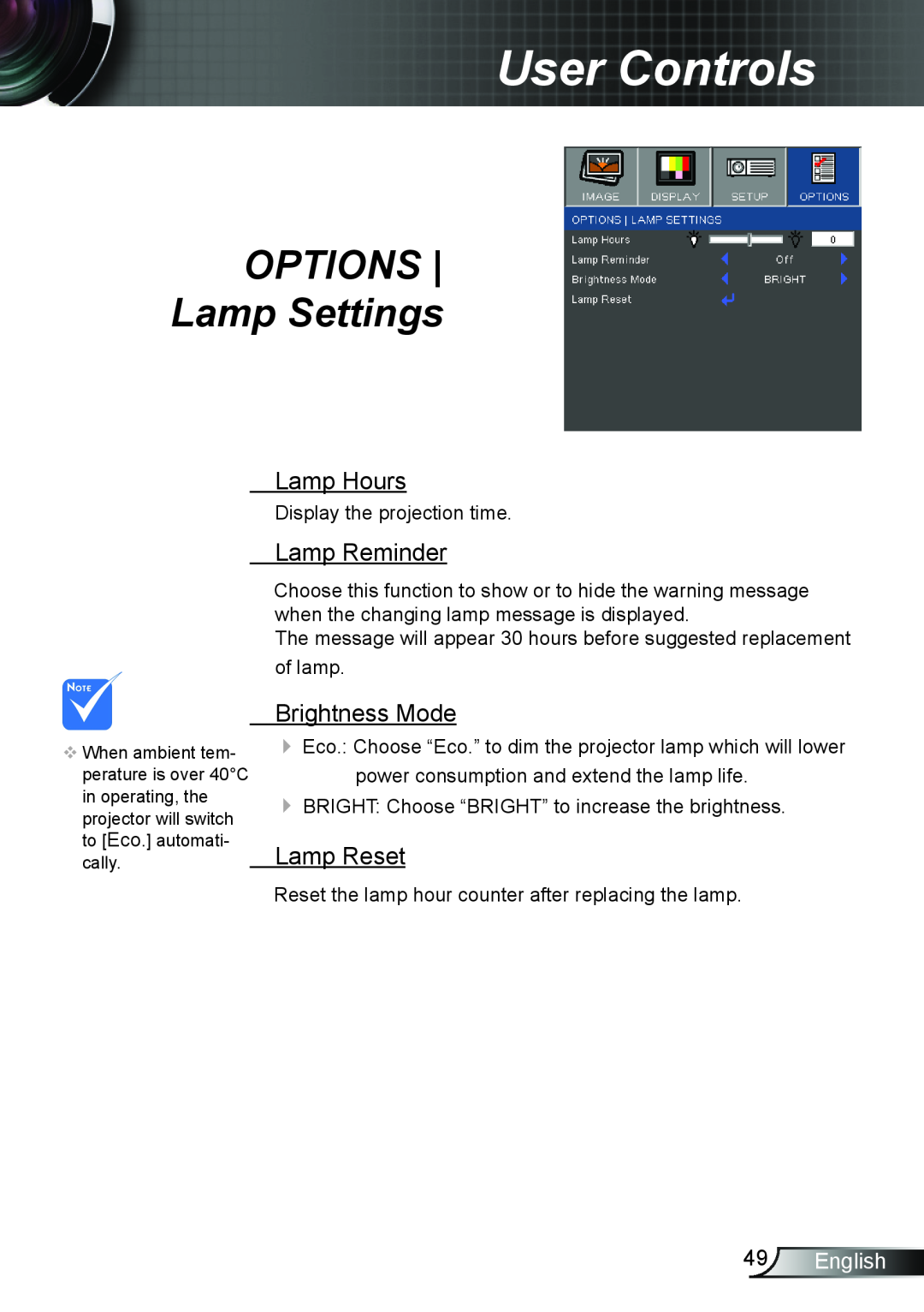 Optoma Technology TW6153D, TW615GOV OPTIONS Lamp Settings, Lamp Hours, Lamp Reminder, Brightness Mode, Lamp Reset, English 