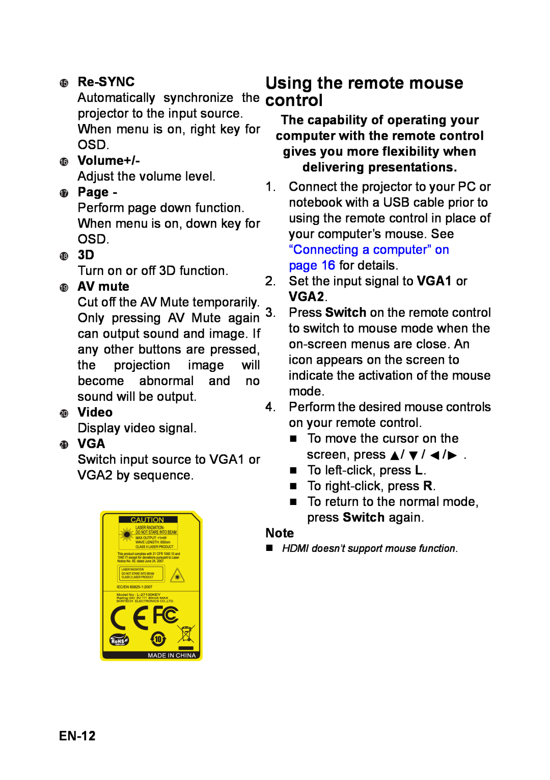 Optoma Technology TW6313D appendix Re-SYNC, Volume+, Page, AV mute, Video, 21 VGA, EN-12 