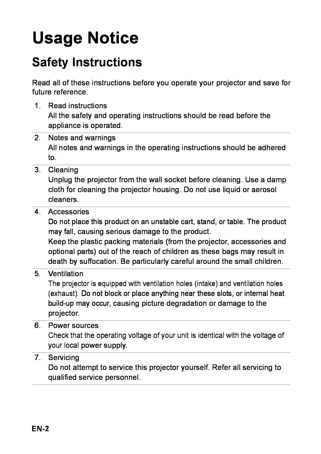 Optoma Technology TW6313D appendix Usage Notice, Safety Instructions 
