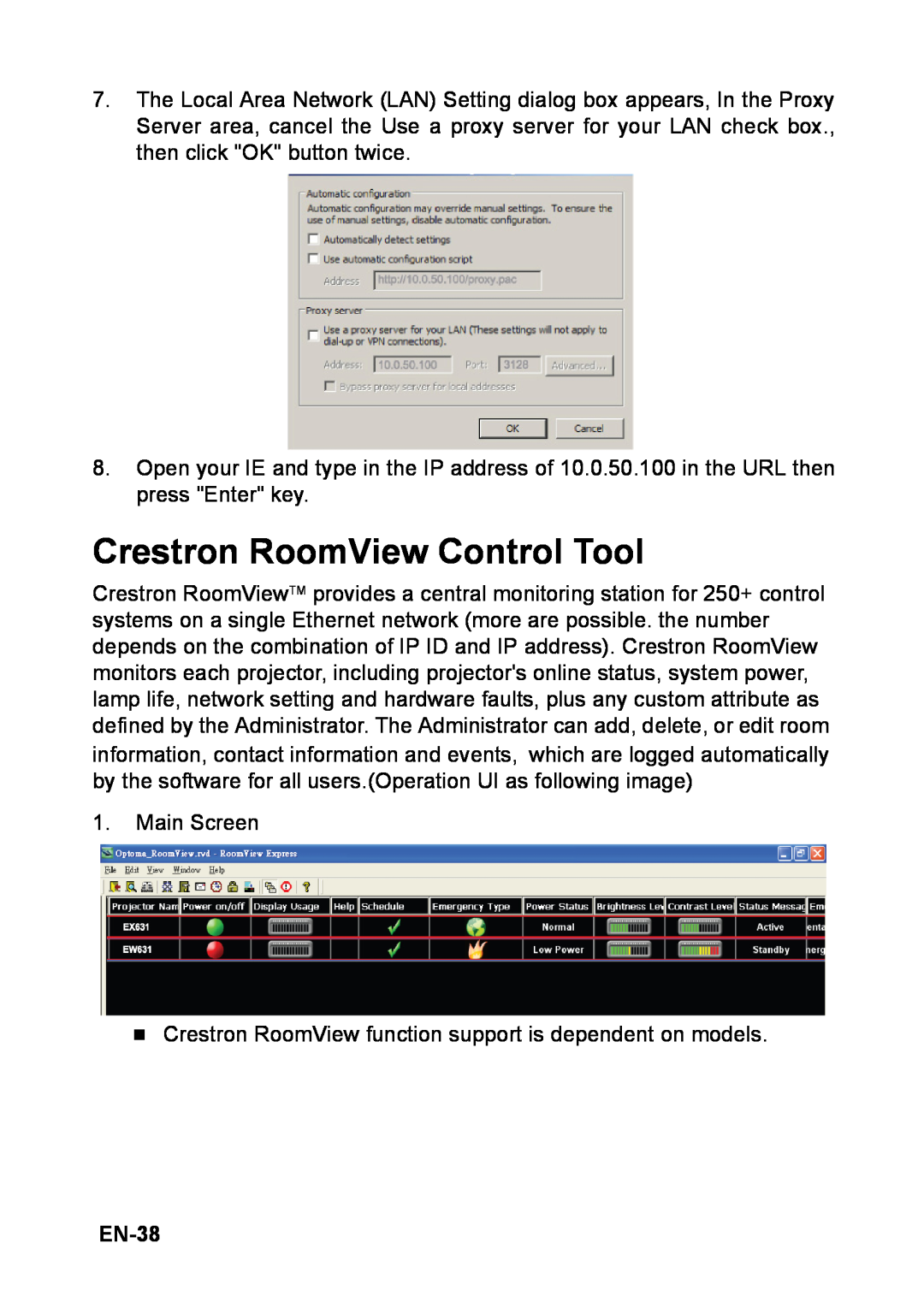 Optoma Technology TW6313D appendix Crestron RoomView Control Tool, EN-38 