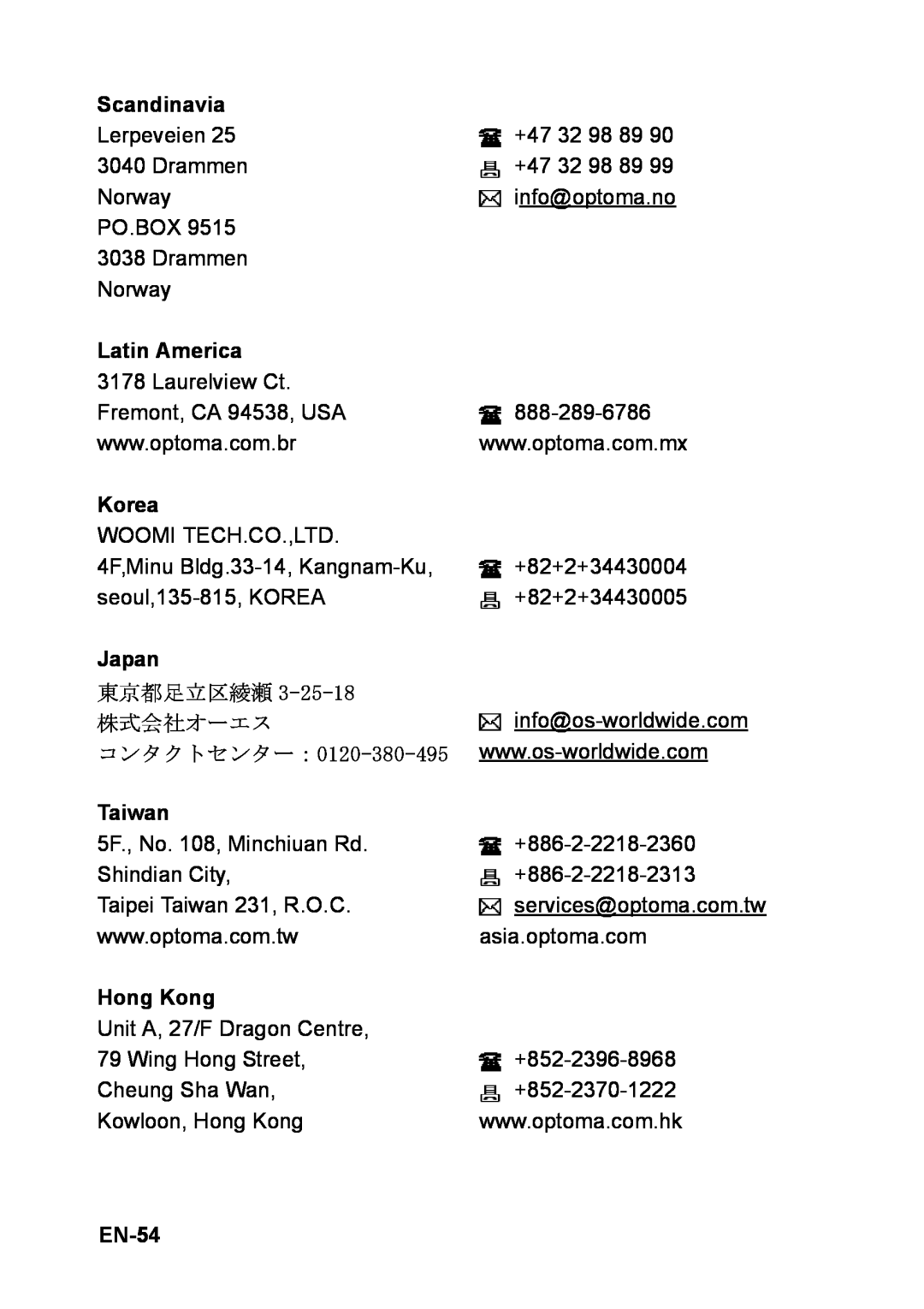 Optoma Technology TW6313D appendix Scandinavia, Latin America, Korea, Japan, 東京都足立区綾瀬, 株式会社オーエス, Taiwan, Hong Kong, EN-54 
