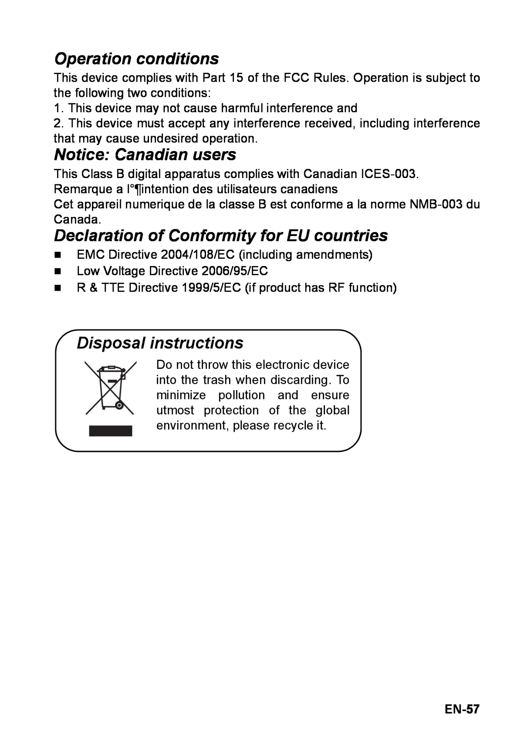 Optoma Technology TW6313D Operation conditions, Notice Canadian users, Declaration of Conformity for EU countries, EN-57 