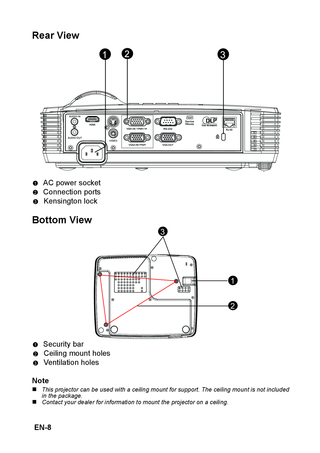 Optoma Technology TW6313D appendix Rear View, Bottom View, EN-8 