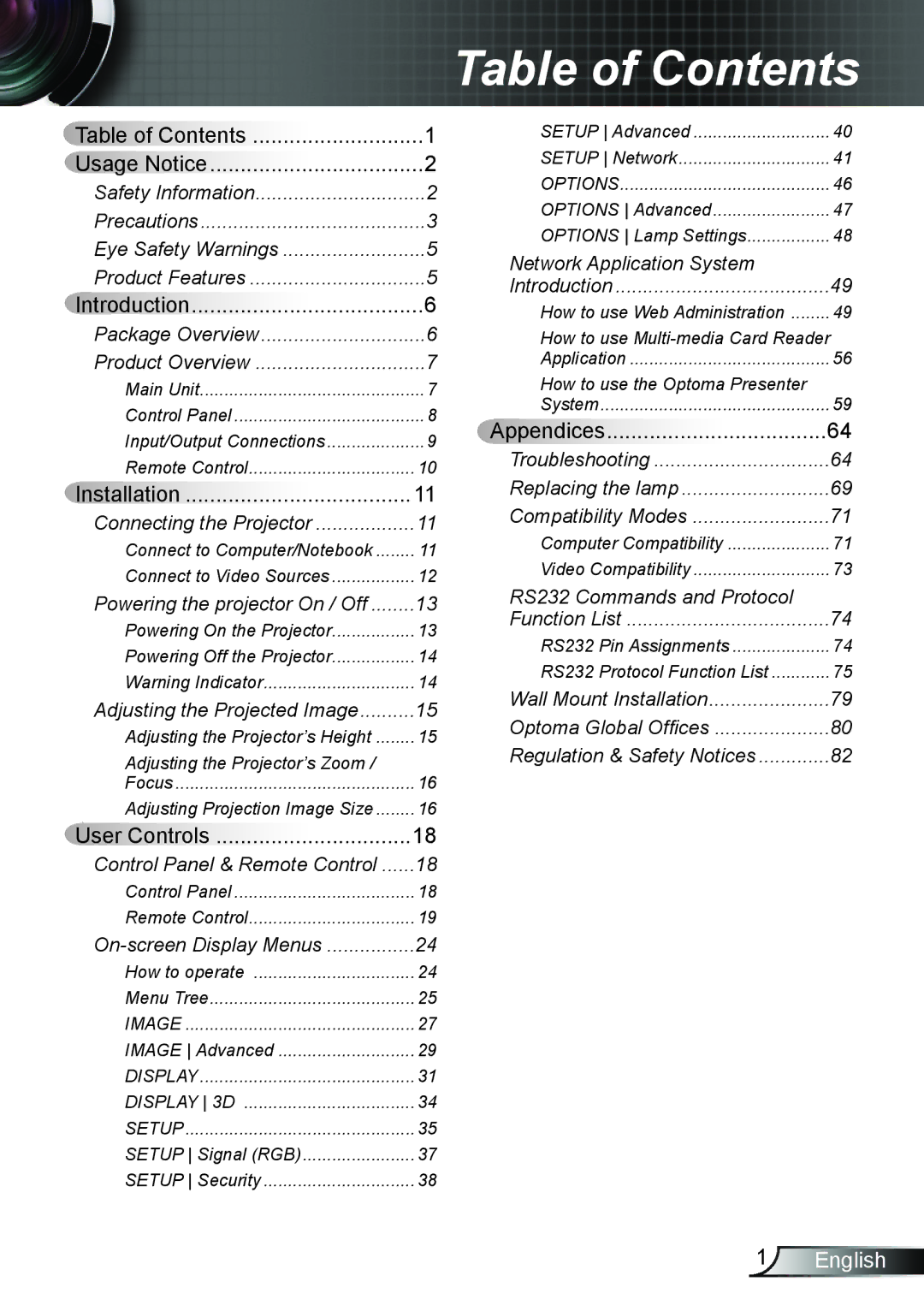 Optoma Technology TX6353D, TW6353D manual Table of Contents 